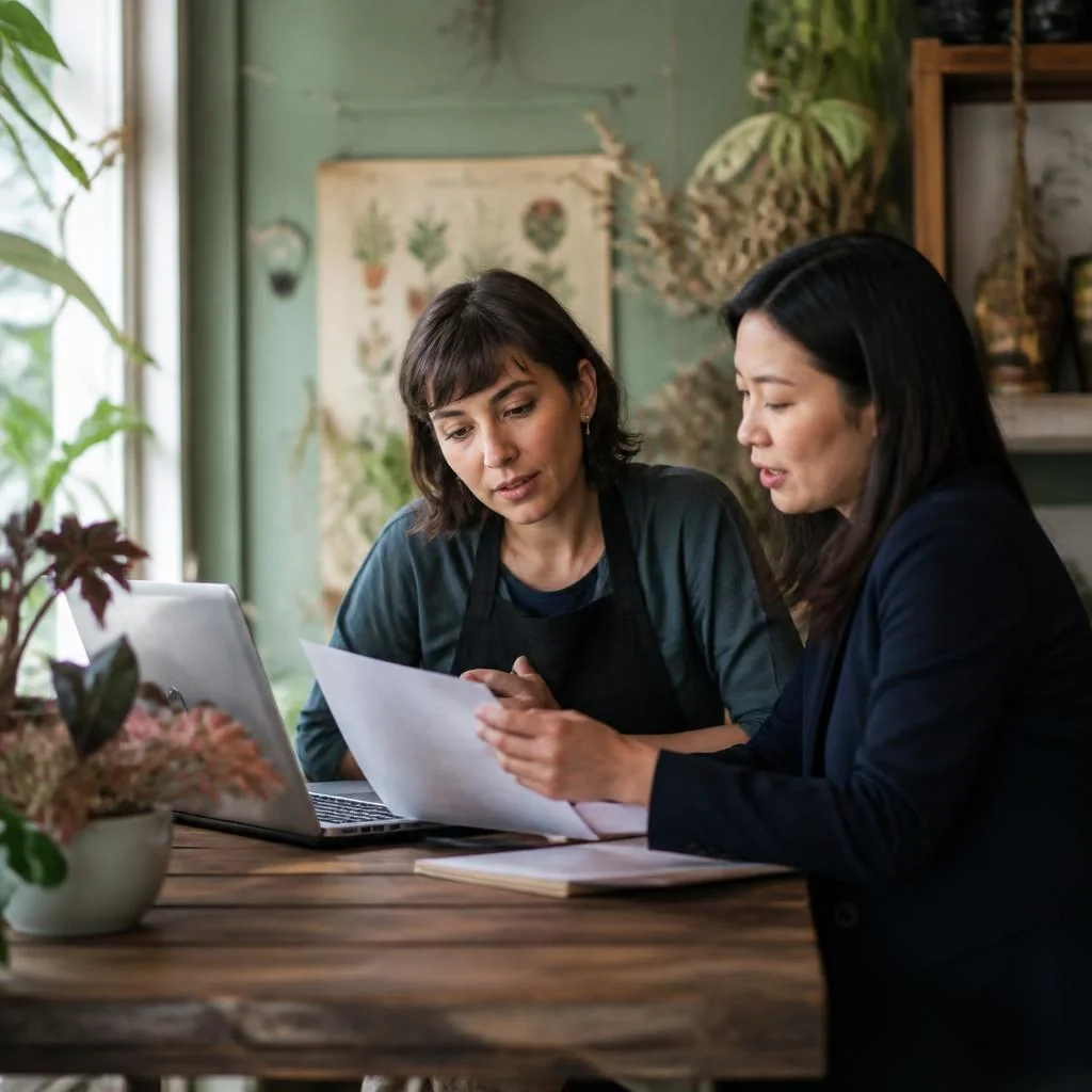A small business owner and a finance professional reviewing a report together at a light-filled table